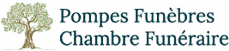 Logo Pompes Funèbres Chambre Funéraire avec un olivier symbole de paix, typographie sérif élégante vert foncé.
